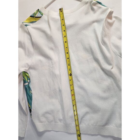 Cardigan Womens XL White blue green geometric Sweater artsy office long sleeve - Picture 7 of 7